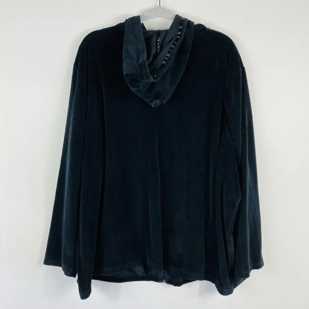 Liz & Me Sport Jacket 3X 26 28 Black Velour Hooded Rhinestone Embellished Zip Up